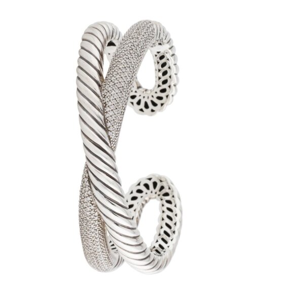 DAVID YURMAN STERLING SILVER 1.58CTW DIAMOND X CROSSOVER KICK CUFF BRACELET - Picture 2 of 7